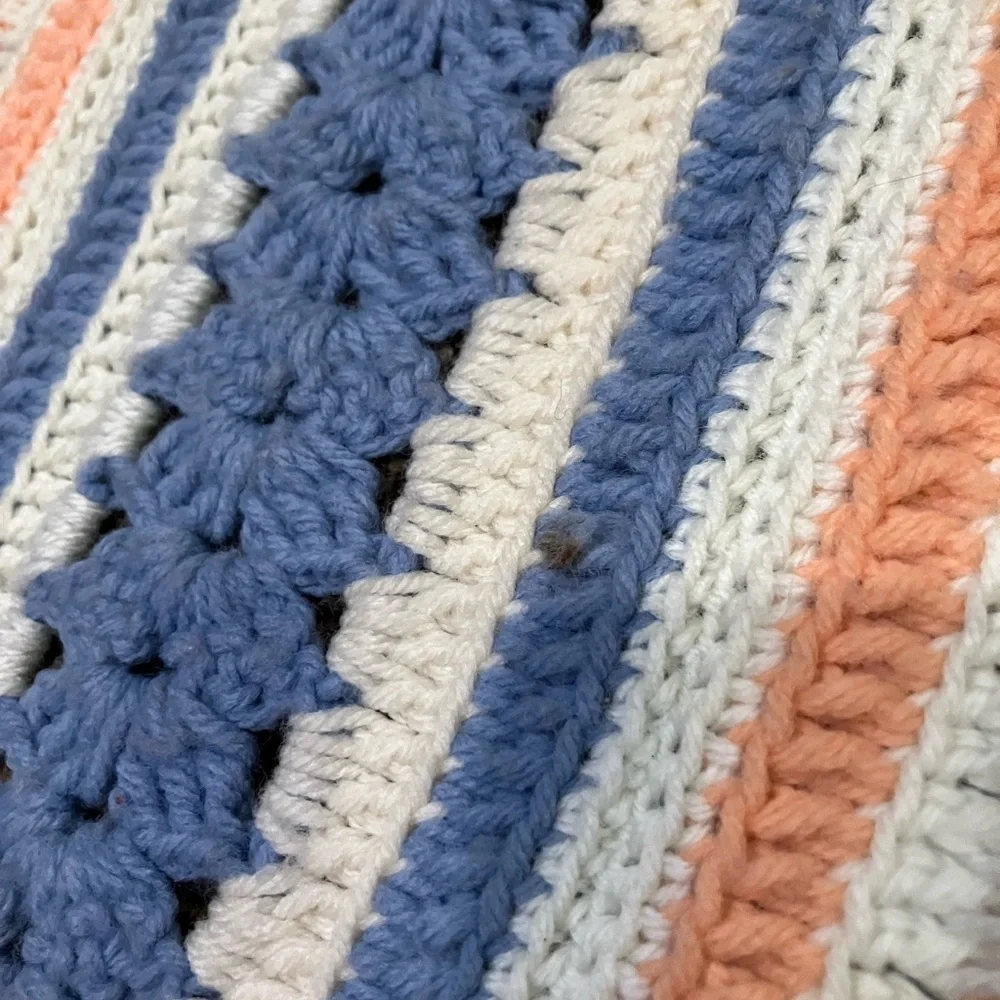 Vintage Handmade Crochet Throw Multicolor Stripe Pattern Scalloped Border